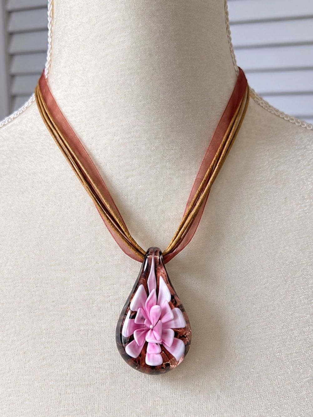 Pink Floral Teardrop Pendant Necklace - Picture 2 of 5